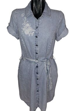 Marie Claire Light Denim Look Short Sleeve Shirt Dress with Floral Detail Size S